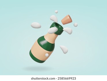 Vector 3D render of a opened champagne bottle icon in a minimalist cartoon style with bubbles and a popping cork, conveying a festive, fun atmosphere for a party, New Year, wedding or special occasion