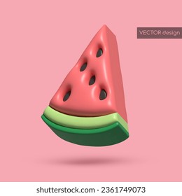 Vector 3d render piece of watermelon, isolated on pink background. Food icon. Red slice with black seeds and green skin. Vector illustration for postcard, icons, poster, banner, web, design, arts.