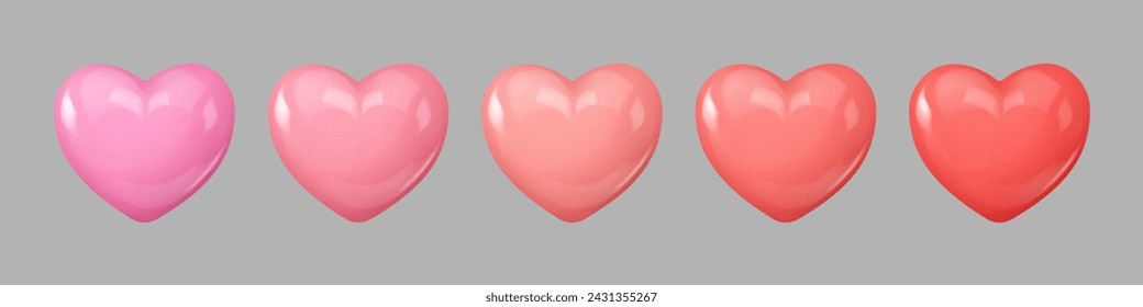 Vector 3d render pink, red five glossy hearts, rating. Feedback isolated on white background. Beauty icon. Vector illustration for postcard, icons, poster, banner, web, design, arts