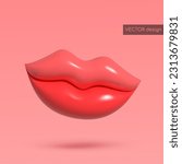 Vector 3d render red plump lips, isolated on pink background. Beauty icon. Vector illustration for postcard, icons, poster, banner, web, design, arts.