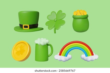 Vector 3D render set of St. Patrick's Day icons: Leprechaun hat, clovers, pot of gold, lucky coins, green beer and rainbow. Perfect for festivals and decorative designs isolated on light background.