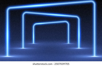 Vektor 3D-Render, quadratisch leuchtend in der Dunkelheit, rosafarbenes blaues Neonlicht, beleuchten Rahmendesign. Abstrakter kosmischer, lebendiger Farbhintergrund. Glühendes Neonlicht. Neonrahmen mit abgerundeten Ecken. Körniger Stil