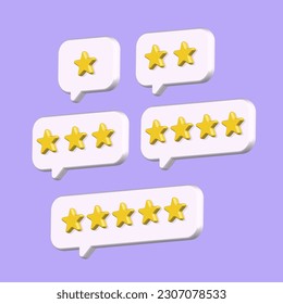 Vector 3d render volume illustration of 1- to 5-star feedback, evaluation of a product or service on a purple background with white rectangle plastic clouds. eps10