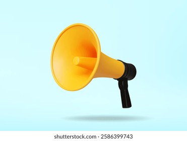 Vector 3D render of yellow megaphone icon on light blue background for communication, advertising, marketing, announcement, notification, public relations, news, business and ecommerce.
