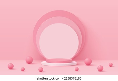 Vector 3d Rendered With Pink And White Podium And Ball On Pink Background For Product Display.