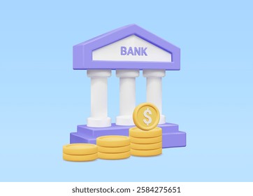 Vector 3D rendering of banking and finance concepts. It shows a classic style bank building with a pile of gold coins. Suitable for economic concepts, savings, and financial transactions.