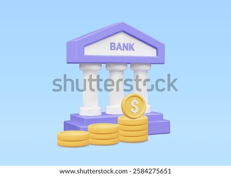 Vector 3D rendering of banking and finance concepts. It shows a classic style bank building with a pile of gold coins. Suitable for economic concepts, savings, and financial transactions.