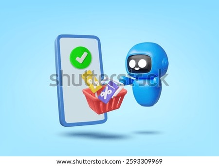 Vector 3D rendering of a blue minimalist robot or chatbot icon holding a shopping cart with a discount coupon, showing a smartphone with a check mark. Successful transaction, payment, referral concept