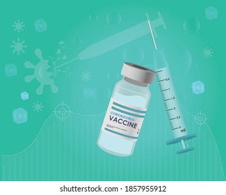 Vector 3D Rendering Bottle and Syringe On Green blue background. Coronavirus Vaccine