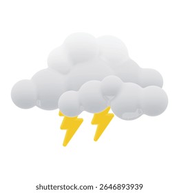 Vector 3D rendering cartoon style clouds with yellow lightning. Modern glossy plasticine style weather icon, isolated on a white background. 