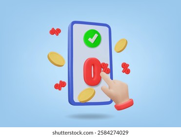 Vector 3D rendering of online transaction interest free 0% promotion in payment using mobile with check mark on payment approval or success screen and hand clicking with coins floating around.