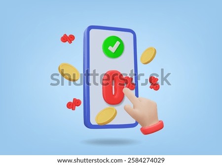 Vector 3D rendering of online transaction interest free 0% promotion in payment using mobile with check mark on payment approval or success screen and hand clicking with coins floating around.