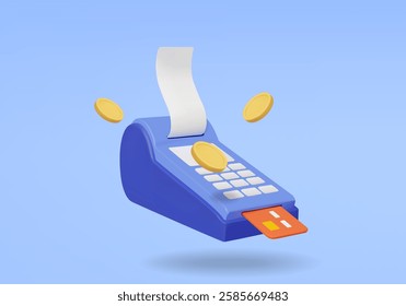 Vector 3D rendering of POS machine icon. Digital payment processing or cashless credit card transaction with electronic receipt and coins with technology for banking, business, online shopping.