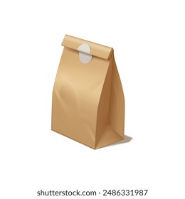 Vector 3D rendering of a sealed brown paper bag with a round sticker set on a plain isolated background for packaging sweets and snacks. Eco shopping bag mockup.