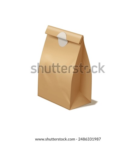 Vector 3D rendering of a sealed brown paper bag with a round sticker set on a plain isolated background for packaging sweets and snacks. Eco shopping bag mockup.