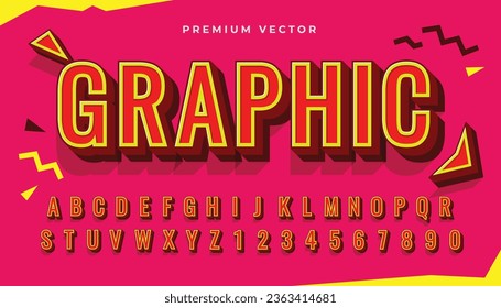 Vector 3D retro alphabets typography. Shadowed red yellow text on soft red abstract background