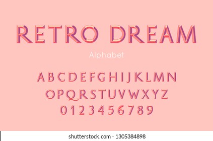 Vector 3d retro dream alphabet and font. Letters and numbers