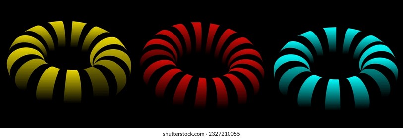 Vector 3d ring circles with line stripes. Red, gold and blue 3d circle shapes on a black background. 