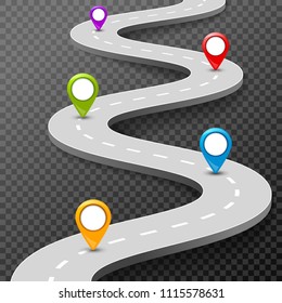 Vector 3d road infographic illustration with pin, pointer. Street information concept. Asphalt road infographic and colorful pins on transparent.