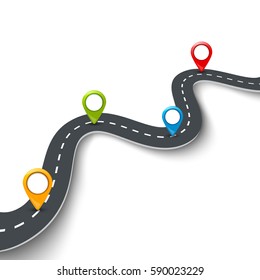 Vector 3d road infographic illustration with pin, pointer. Street information concept. Asphalt road infographic and colorful pins