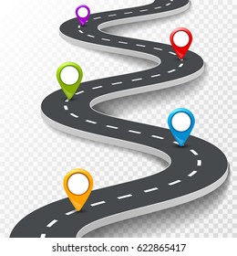 Vector 3d road infographic illustration with pin, pointer. Street information concept. Asphalt road infographic and colorful pins on transparent.