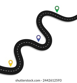 Infografía de la carretera del vector 3d con el pin, puntero. Infografía de carreteras de asfalto y pines coloridos, concepto de información de la calle