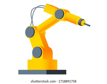 Vector 3D robot arm welding at factory line. Modern plant tech manipulator illustration. Isolated futuristic industrial mechanical hand drawing on white background.