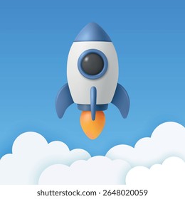 Vector 3d Rocket Icon, Startup Launch Concept. Blue and White Spaceship, Vector Illustration. Modern Business Logo, Flying Spacecraft Symbol. Missile Design for Growth, Innovation