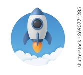 Vector 3d Rocket Launch Icon. Rocket Startup Badge in Blue Circle. Rocket Ship with Flame and Clouds for Startup, Product Launch, Space, Mission, Web and Mobile Design