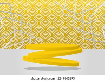 Vector 3D room, cylinder pedestal podium. Yellow and white abstract mockup product display. Stage showcase for product presentation. Futuristic minimal geometric forms, empty scene.