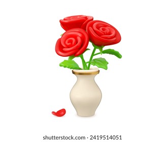 Vector 3d rose bouquet in vase icon. Red bunch of flowers in cartoon stylized illustration, isolated on white background. Happy mothers day or Women day concept. Romance design element, home decor