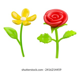 Vector 3d rose and daisy icon set. Red and yellow flower in cartoon stylized illustration, isolated on white background. Happy mothers day or Women day concept. Spring design element