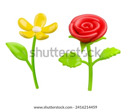 Vector 3d rose and daisy icon set. Red and yellow flower in cartoon stylized illustration, isolated on white background. Happy mothers day or Women day concept. Spring design element
