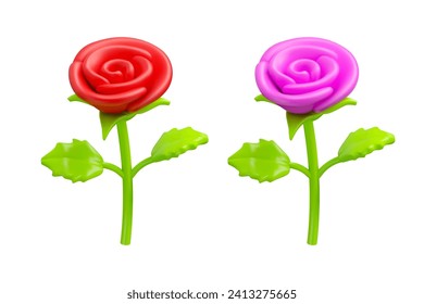 Vector 3d rose icon. Red and pink flower in cartoon stylized illustration, isolated on white background. Happy mothers day or Women day concept. Romance design element