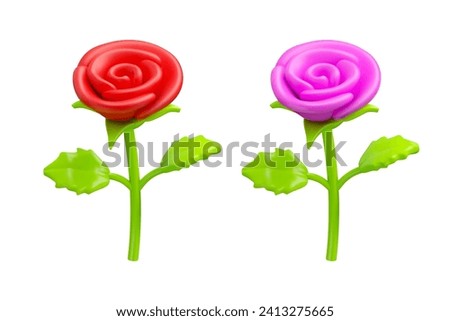 Vector 3d rose icon. Red and pink flower in cartoon stylized illustration, isolated on white background. Happy mothers day or Women day concept. Romance design element