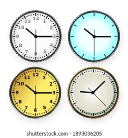Vector 3d round simple office silver clock with dial and gold wall clock in four views close-up isolated on white background. Design template, layout for branding, advertising. View from above.