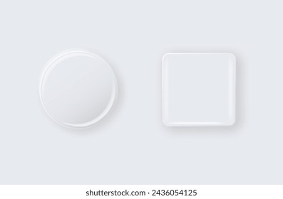 Vector 3d Round and Square White Metal, Plastic Blank Empty Button Badge Isolated. Button Badge. Brooch Pin. Template for Branding