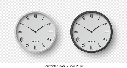 Vector 3d Round Wall Office Clock with White Clock Dial Set Closeup Isolated. Watches, Design Template, Mock-up for Branding, Advertise. Vector Simple Minimalistic Clocks, Watches in Front View