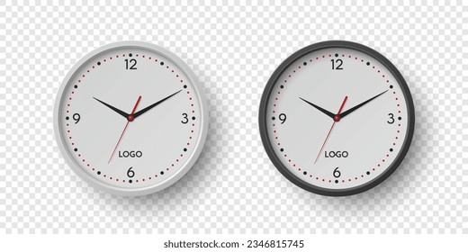 Vector 3d Round Wall Office Clock with White Clock Dial Set Closeup Isolated. Watches, Design Template, Mock-up for Branding, Advertise. Vector Simple Minimalistic Clocks, Watches in Front View