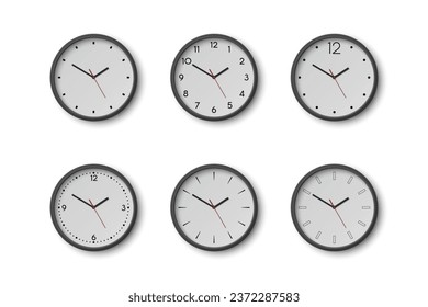 Vector 3d Round Wall Office Clock with White Clock Dial Set Closeup Isolated. Watches, Design Template, Mock-up for Branding, Advertise. Vector Simple Minimalistic Clocks, Watches in Front View