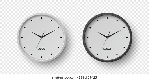 Vector 3d Round Wall Office Clock with White, Black Clock Dial Set Closeup Isolated. Watches, Design Template, Mock-up for Branding, Advertise. Vector Simple Minimalistic Clocks, Watches in Front View