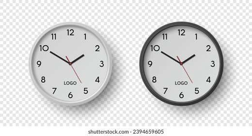 Vector 3d Round Wall Office Clock with White, Black Clock Dial Set Closeup Isolated. Watches, Design Template, Mock-up for Branding, Advertise. Vector Simple Minimalistic Clocks, Watches in Front View
