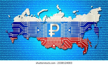Vector 3D Russian digital ruble symbol. Map of the Russian Federation in the colors of the national flag and with a computer scheme. Against the background of pixel numbers.