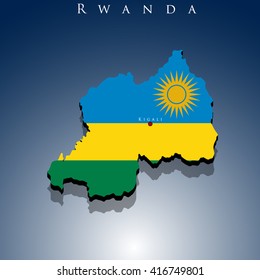 vector 3d Rwanda map with a flag on a blue background, EPS 10