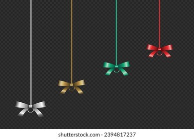 Vector 3D Satin Shiny Ribbon Bow Design Elements set collection Isolated on transparent background. Black Friday Big Sale Gift Realistic Stylish Ties for Holidays and Marketing Decorative Designs.