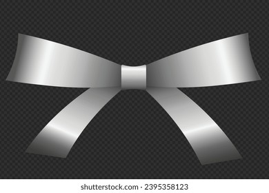 Vector 3D Satin Silver Ribbon Bow Design Element Isolated on transparent background Christmas, new Year,Black Friday, Big Sale Gift Realistic Stylish Ties for Holidays and Marketing Decorative Designs