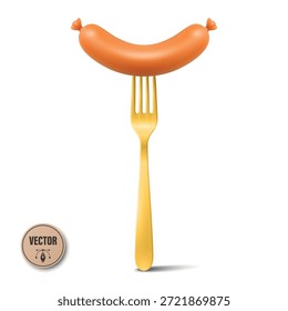 Vector 3d salchicha en tenedor, aislado. Salchicha a la parrilla con tenedor de metal. Icono de comida de salchicha de perro caliente para menú, cafetería, barbacoa, comida callejera, carnicería, Oktoberfest, embalaje, etiqueta, receta, cocina