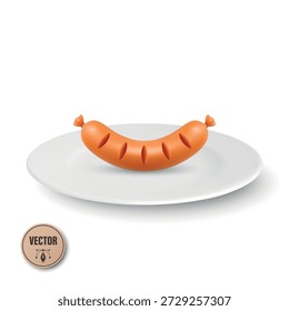 Vector 3d Sausage on Plate Icon, Isolated. Sausage Dinner Food Symbol. Sausage Snack Meal Illustration. Cooked Frankfurter on White Dish. Minimal Cartoon Restaurant Menu Design Element