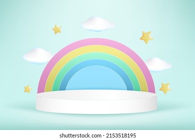 vector 3D scene with podium and abstract background. podium for cosmetic product presentation. rainbow, clouds, stars