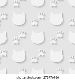 Vector 3d seamless cat head and paw silhouette pattern background. Minimalistic monochrome background for decoration, wallpaper and print. Eps10
